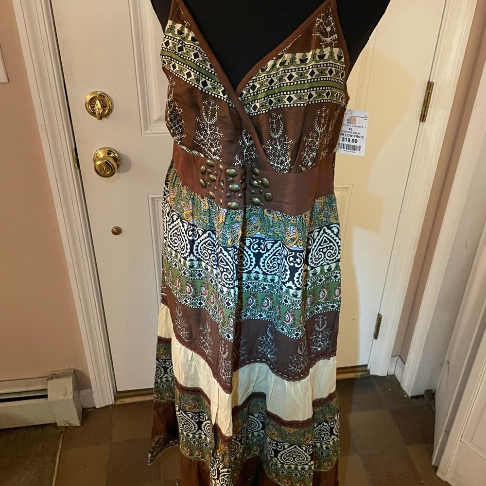 Maxi Brown Print Dress with Spaghetti Straps